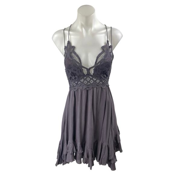 Free People Adela Charcoal Gray Sleeveless Lace Mini Fit & Flare Slip Dress Sz S - Picture 1 of 4